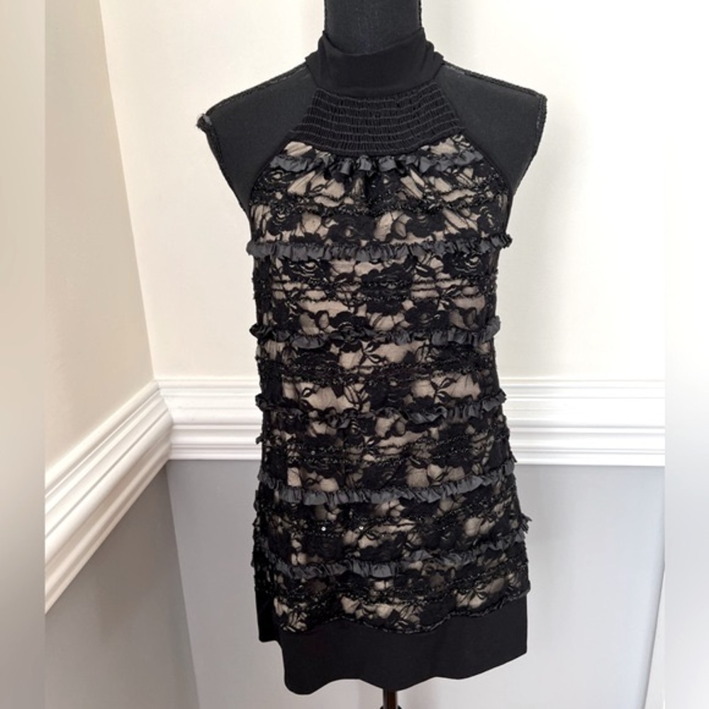 MOA MOA halter style dressy blouse floral lace womens size large Black and Tan